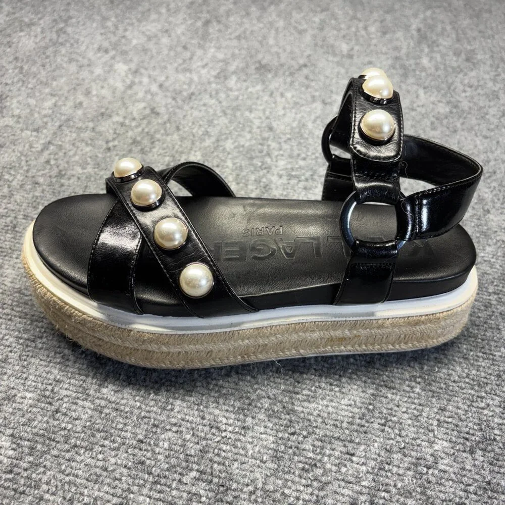 Karl Lagerfeld Womens Black Platform Espadrille Sandals Pearl Ankle Strap 7M